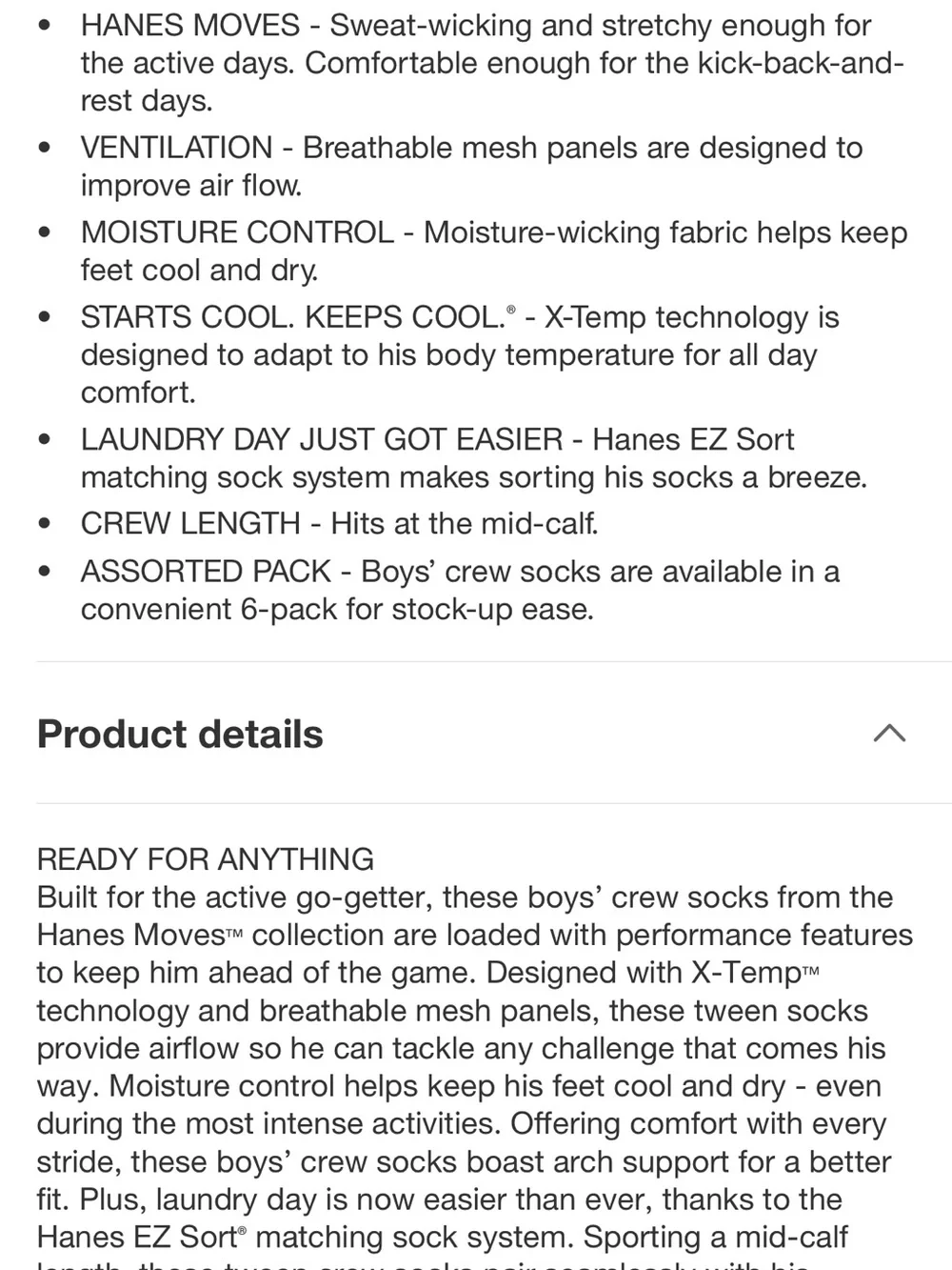 12 Hanes Moves X-Temp Performance Boys Black Crew Athletic Socks